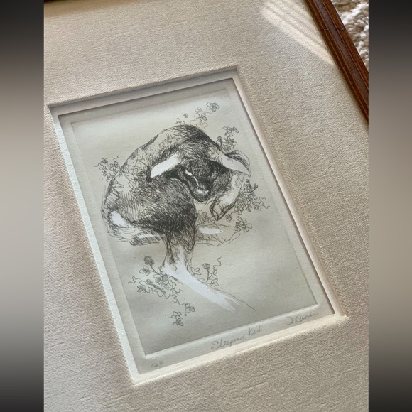 Antique pen ink framed lamb art signed
